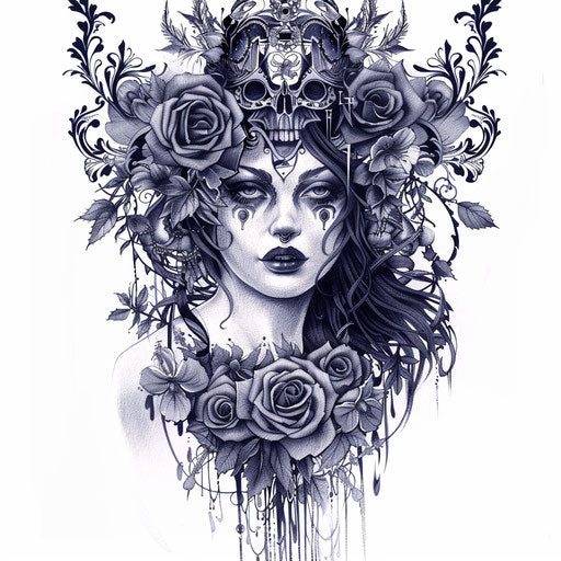 Gothic style tattoo of Athena with dark and intricate designs