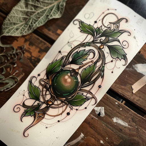 Nature-inspired flat tattoo sketch of a black pearl with green leaves and vines