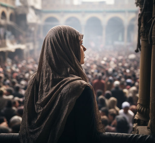 A girl gazing over crowds with grandeur