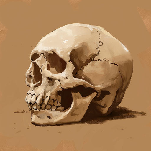 Skull of extinct hominin, minimalist illustrator style, 2D game art, 1000–1400 CE, goosepunk, brown, poetcore, halloween