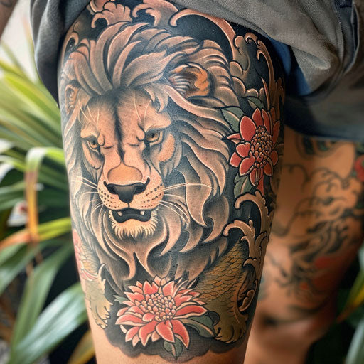 Lion tattoos for men with Japanese influences, in the style of Ami James