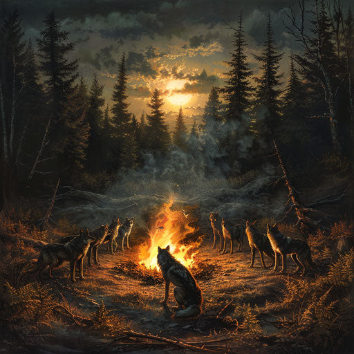 The alpha wolf protects its pack around the fire in a clearing