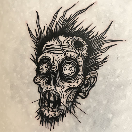 Flat tattoo sketch of a shrunken head with a spooky, eerie background