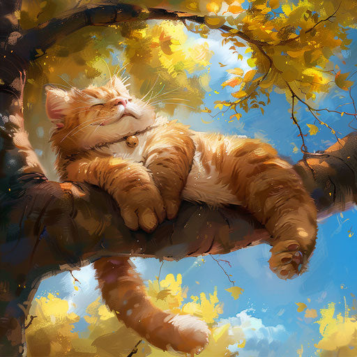 Chubby cat on a tree branch