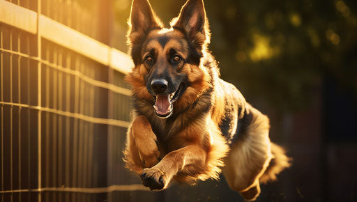 German shepherd dog running towards a fence