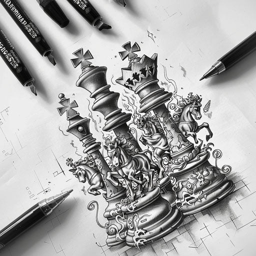 Intricate flat tattoo sketch of a chess battle