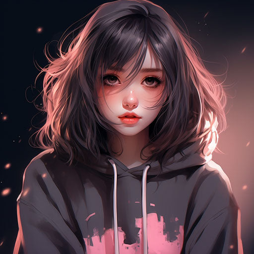 Girl in pink sweater with white tattoo on cheek, nightcore style