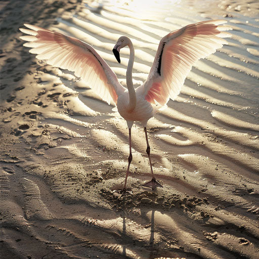 Flamingo wings spread shadow over sand