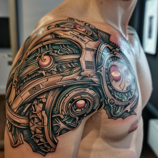 Abstract biomechanical shoulder tattoo with intricate patterns