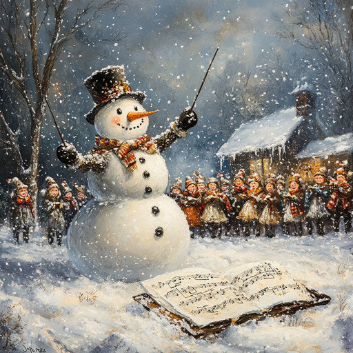 Snowman leading choir of carolers with baton and music