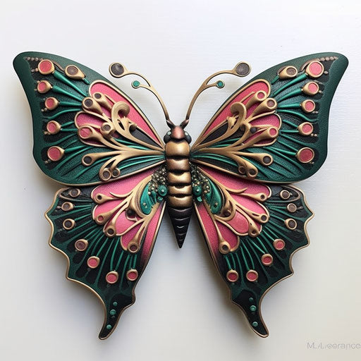 butterfly brooch in pink and green paint