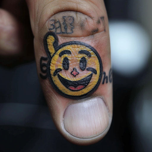 Simple tattoo of a smiley face, in the style of Glenn Fabry, on the finger