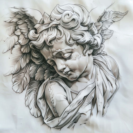 Photorealistic cherub tattoo on white canvas