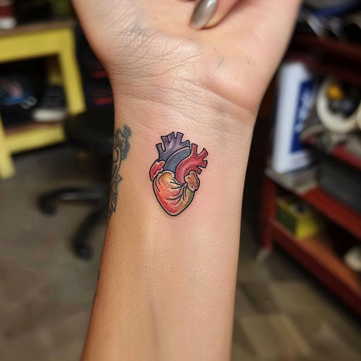 Tiny heart wrist tattoos, Ed Hardy style