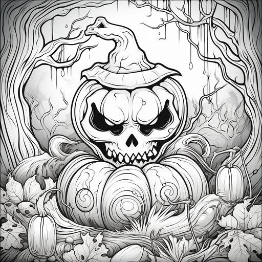 Halloween coloring pages with a pumpkin in the background, in elaborate, realistic yet stylized style