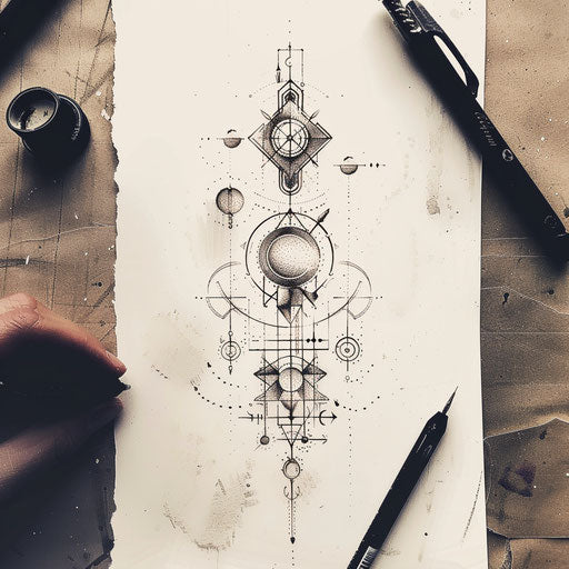 Contemporary flat tattoo sketch of a series of magical glyphs in a modern design