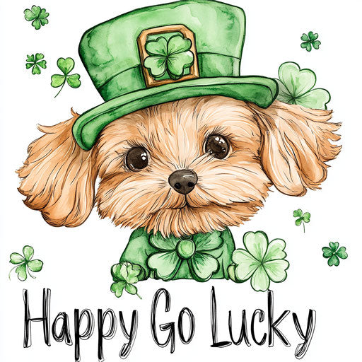 Saint Patrick's Day cheerful puppy in green hat and clover