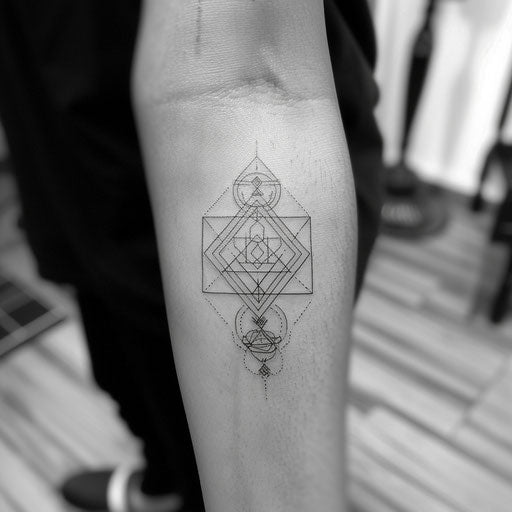 Small tattoo with a geometric design, in the style of Guy Aitchison