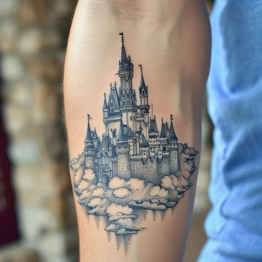Dreamy castle in clouds with eleven tattoo sketch