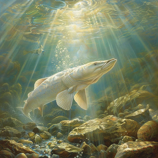 Graceful white sturgeon swimming among riverbed rocks