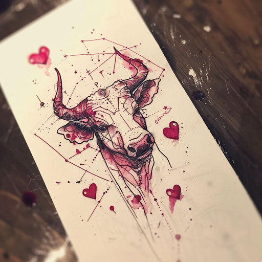 Romantic sketch of Taurus constellation with heart motifs in pink and red