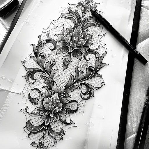 Flat tattoo sketch of a micro-realism intricate lace pattern with shadows and highlights