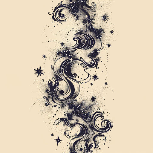 Dynamic flat tattoo sketch of the Gemini constellation with swirling patterns