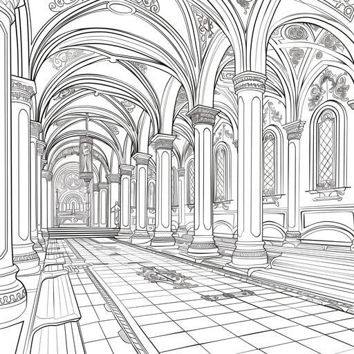 Interior of a church with arches and columns. Coloring book