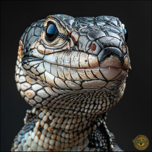 Expressive close-up portrait of a blue tongue skink