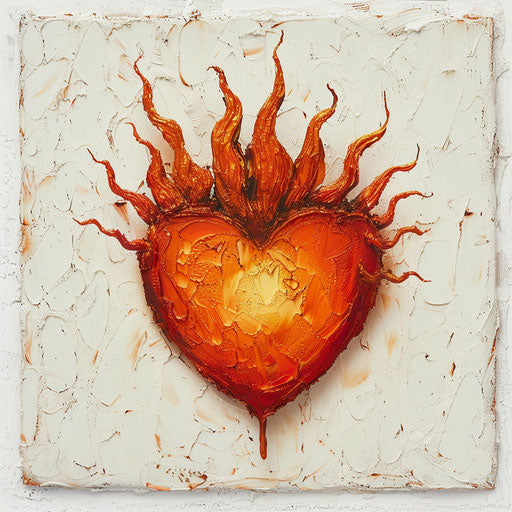 Burning heart with flames on white background, light-hearted style