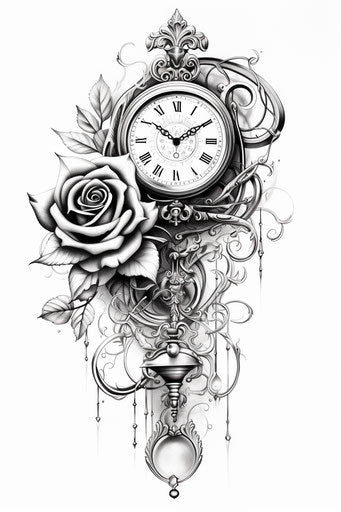 Clock and rose tattoo in naive drawing style, steampunk theme