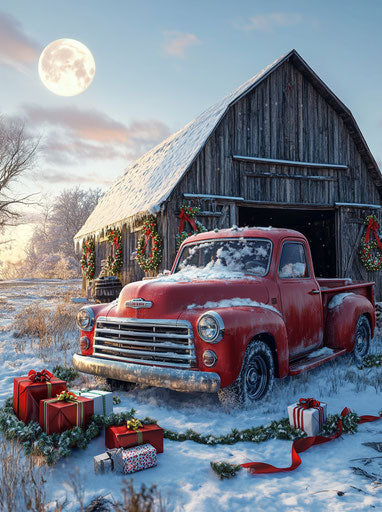Vintage red truck in front of old wooden barn Christmas