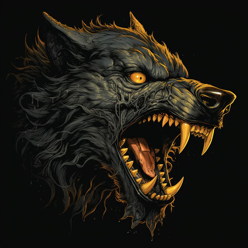 Black wolf head with wide open mouth, conceptual style