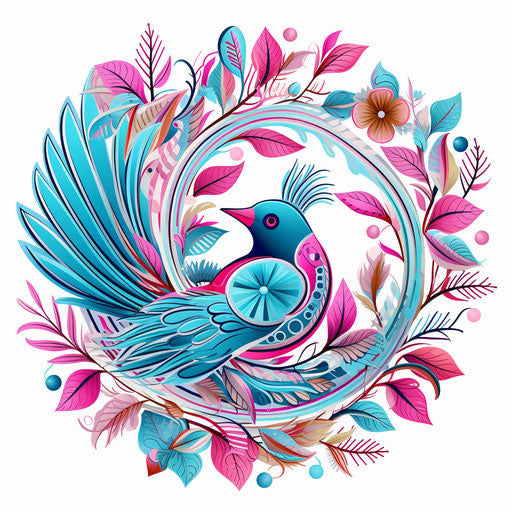 Blue-green-pink tiled leaf with bird in kaleidoscopic style