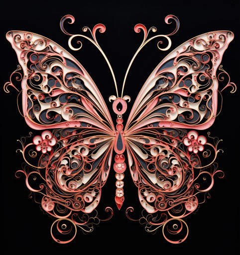 Black and pink butterfly, floral and swirl design, line drawing style