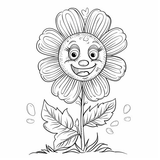 Smiling flower with big petals, coloring book page