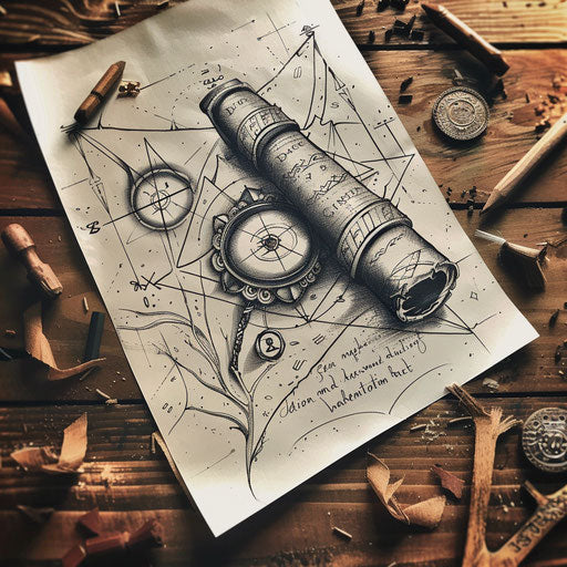 Flat tattoo sketch of a magic scroll unrolled with mysterious inscriptions and seals