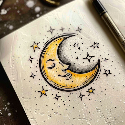 Neo-traditional tattoo design with a smiling moon encircled by nautical stars on a white sheet
