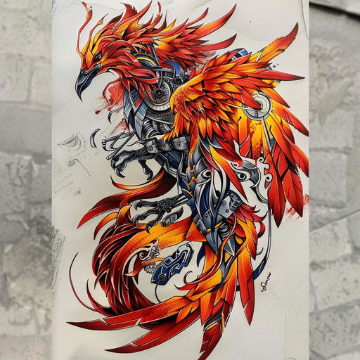 Mechanical phoenix tattoo design with flames and moving parts on white background
