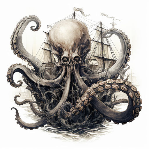 Octopus ship with tentacles, monochrome ink style