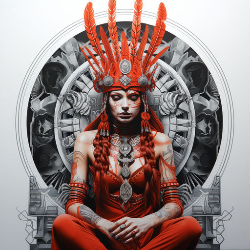 Woman in red headdress on white background: tattoo realism