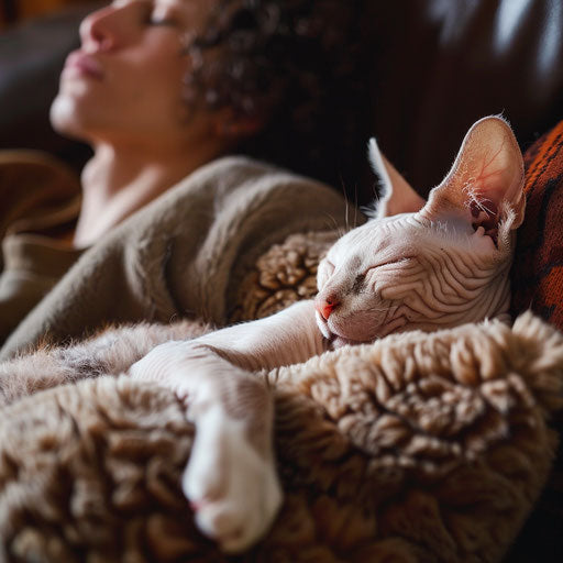 Cornish rex cat sleeping on a couch with its owner