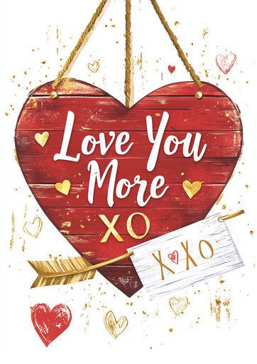 Heart with 'Love You More' and gold arrow, wood texture