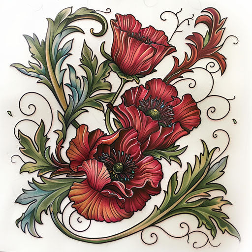 Colorful neo-traditional poppy tattoo on white background