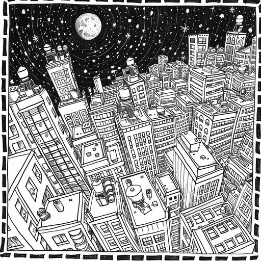 Night view of a cityscape from above, with twinkling lights