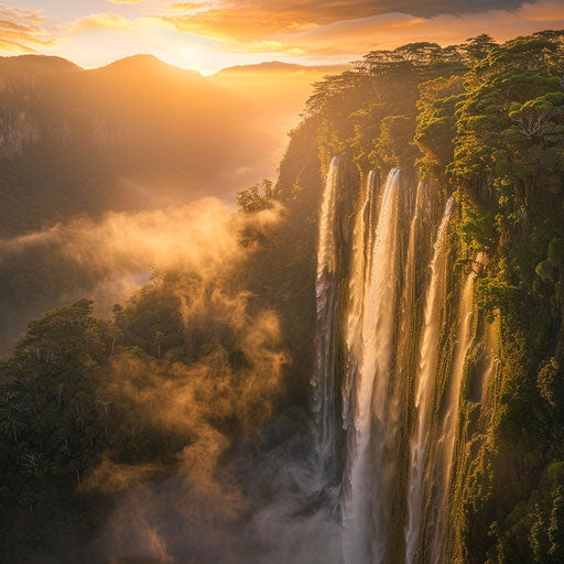 Stunning waterfall with mist rising in the golden hour
