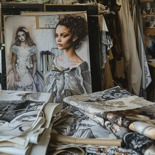 Fashion designer in a studio among fabrics and sketches