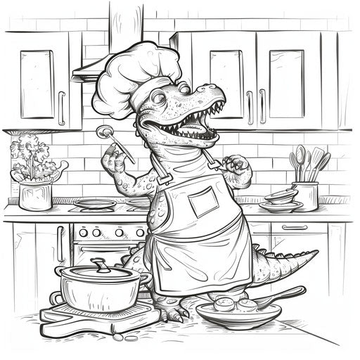 A crocodile chef in hat and apron cooking in the kitchen