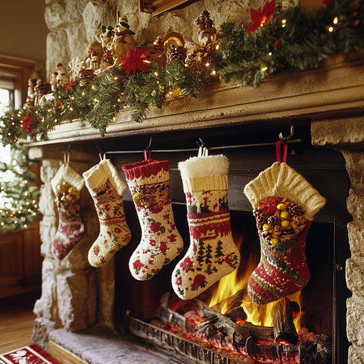 Cozy fireplace with Christmas socks filled with gifts