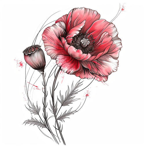 Vintage-inspired poppy tattoo drawing
